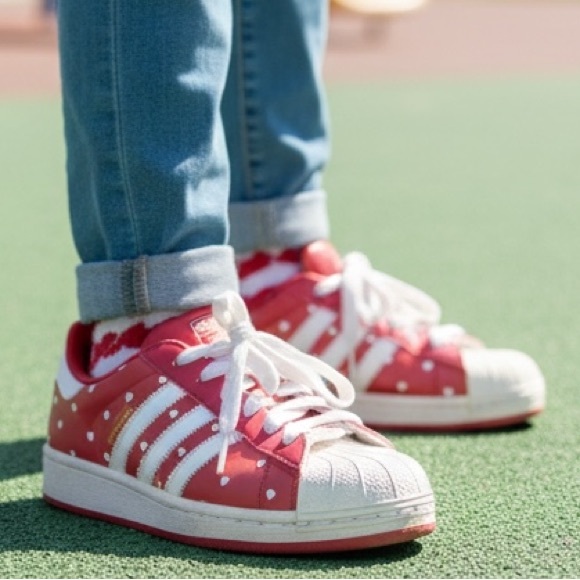 Adidas Other - ❤️✨ Adidas Superstar Sneakers – Red & White Heart Print – Youth Size 5.5 US ✨ ❤️